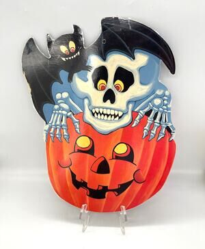 Vintage Eureka USA Halloween Die Cut Skeleton Pumpkin Decoration Double Sided